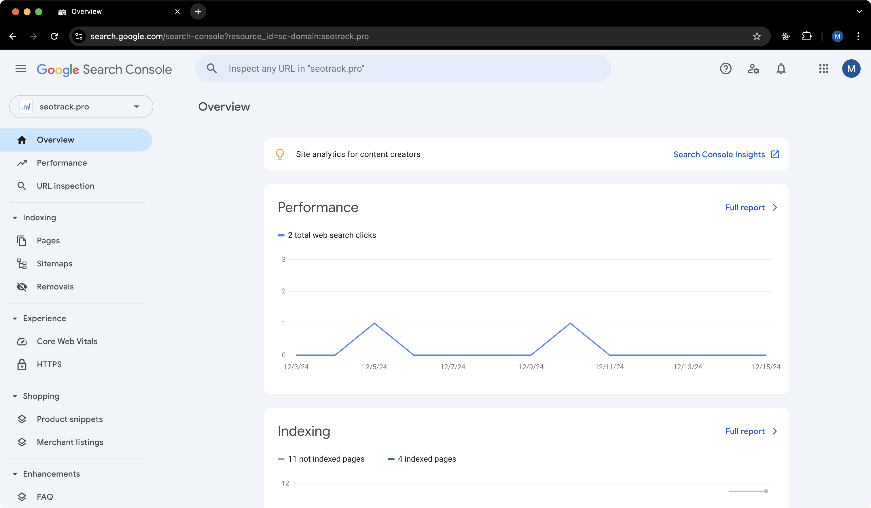 screenshot of google search console dashboard